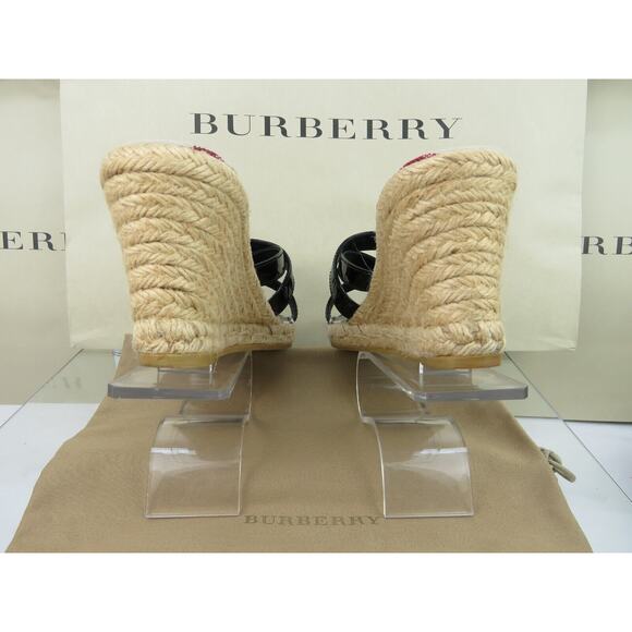 BURBERRY BLACK PATENT LEATHER CHECK LOGO SLIDE JUTE ESPADRILLE SANDALS 40 10 - Picture 8 of 14